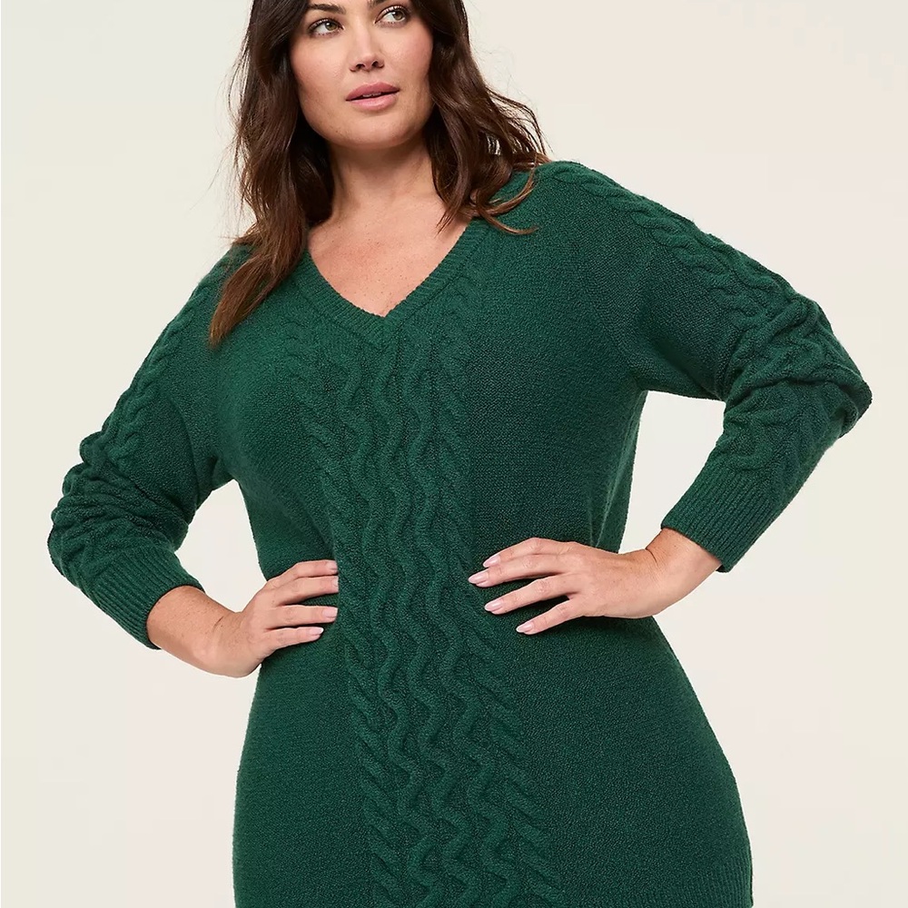 Lane Bryant Cable Knit V-Neck Sweater | Deep Green | Size 22/24 | Cozy Soft Knit